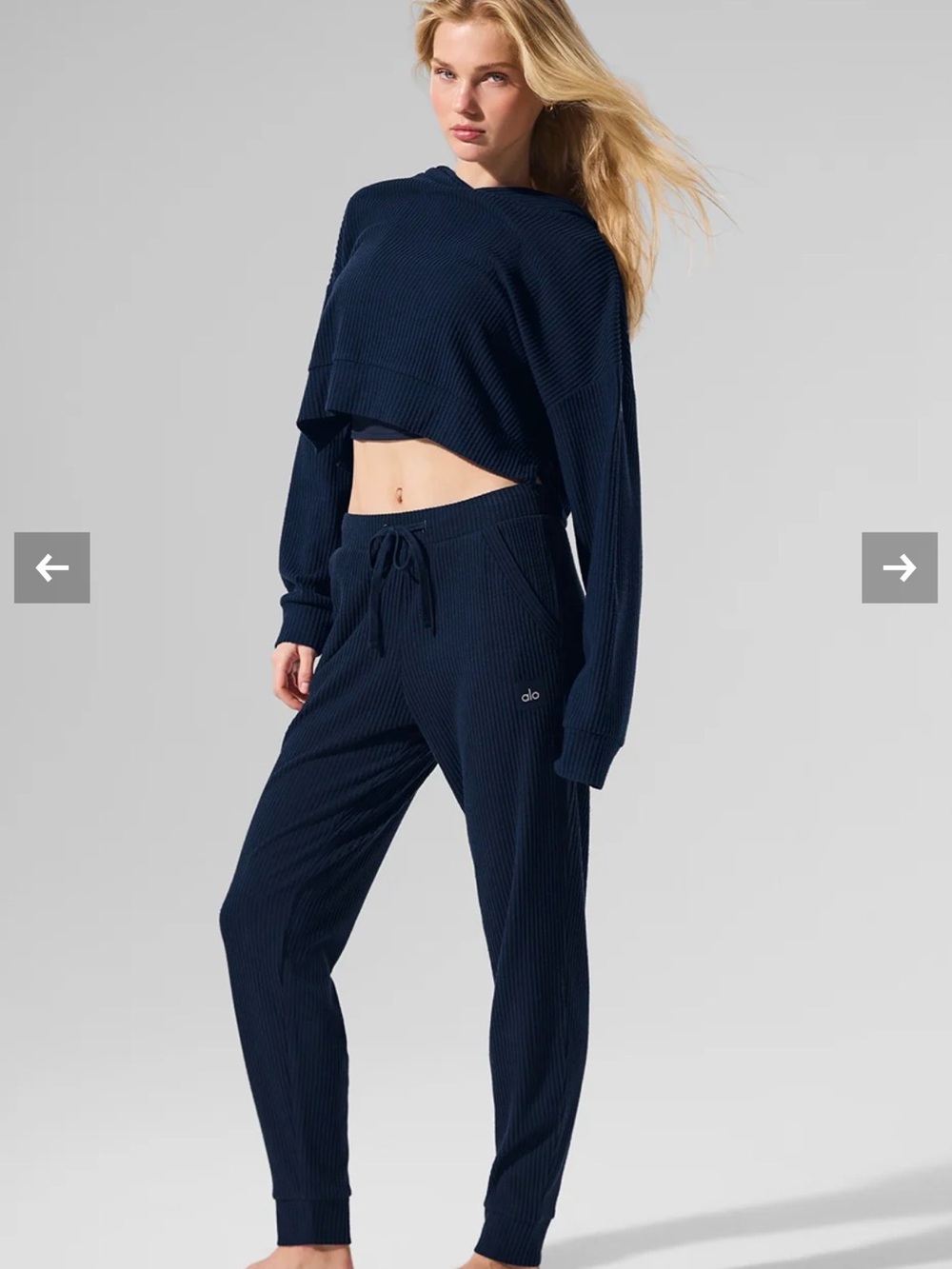 ALO Muse Matching Cropped Ribbed Hoodie & Drawstring Joggers - Navy